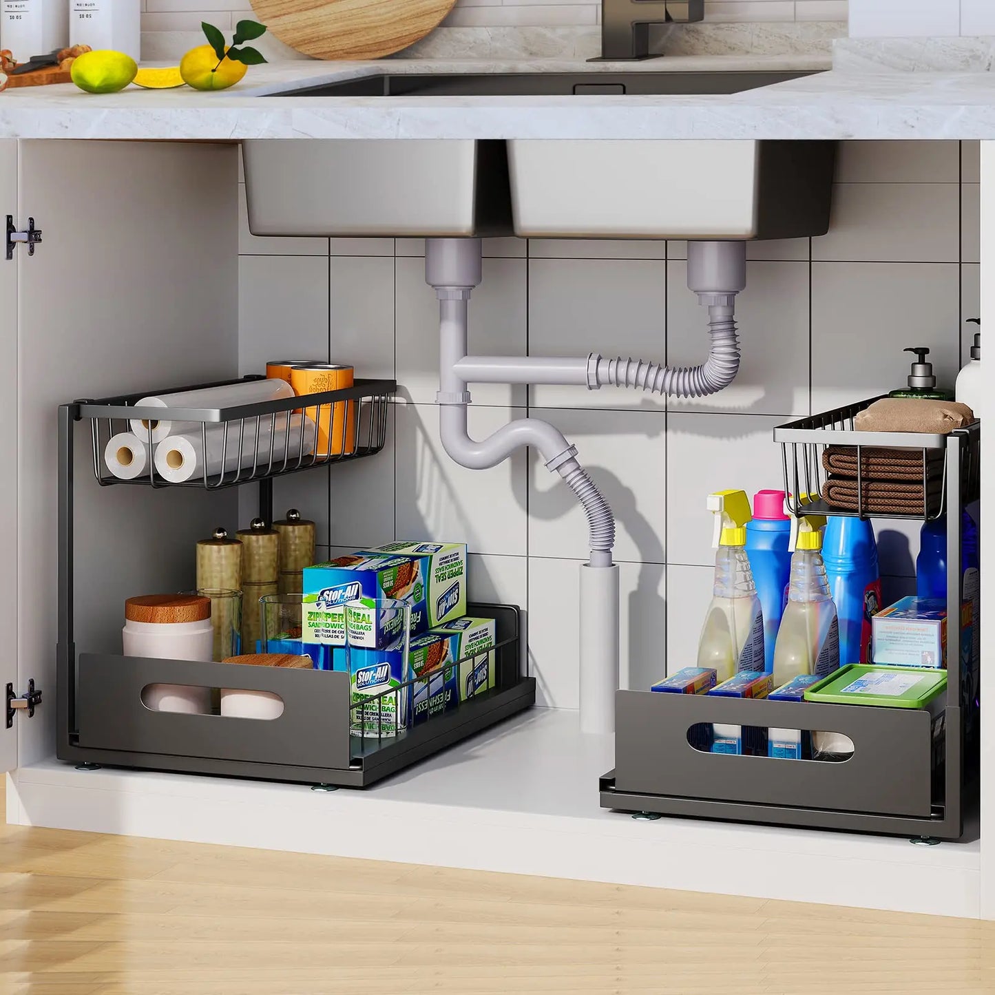 2-Tier Sliding Cabinet Basket Organizer for Under the Sink