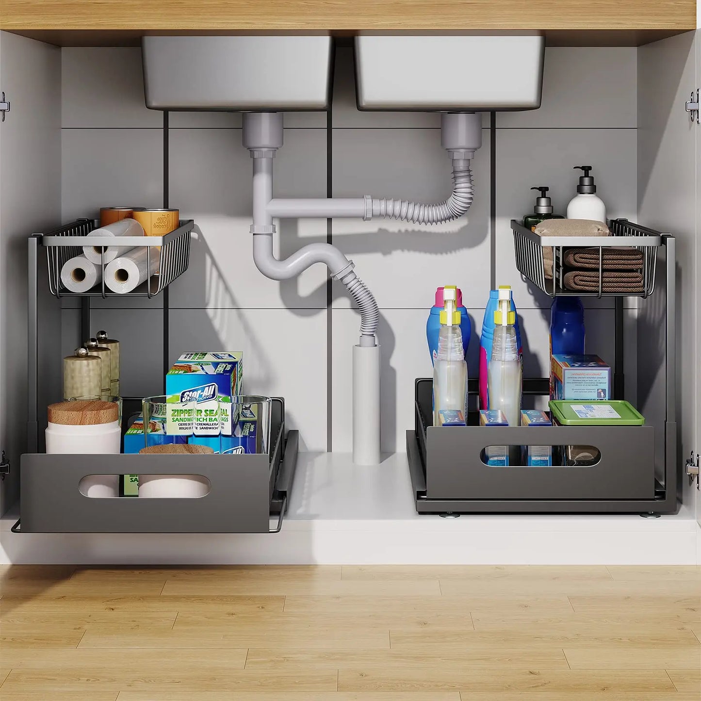 2-Tier Sliding Cabinet Basket Organizer for Under the Sink